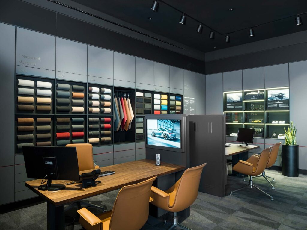 Porsche Car Retail Showroom client consulting area interiors and furniture
