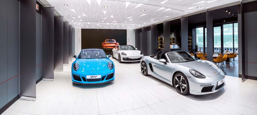Porsche Car Retail Showroom interior design and build with high end modern finishes
