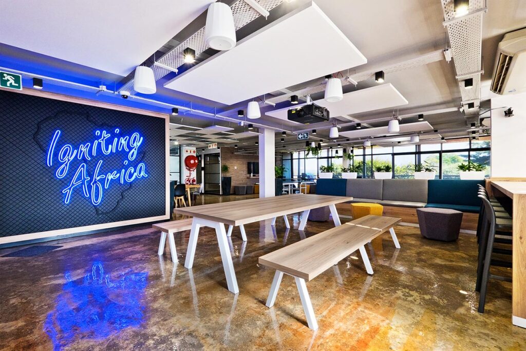 Uber head office canteen interiors with led signage design