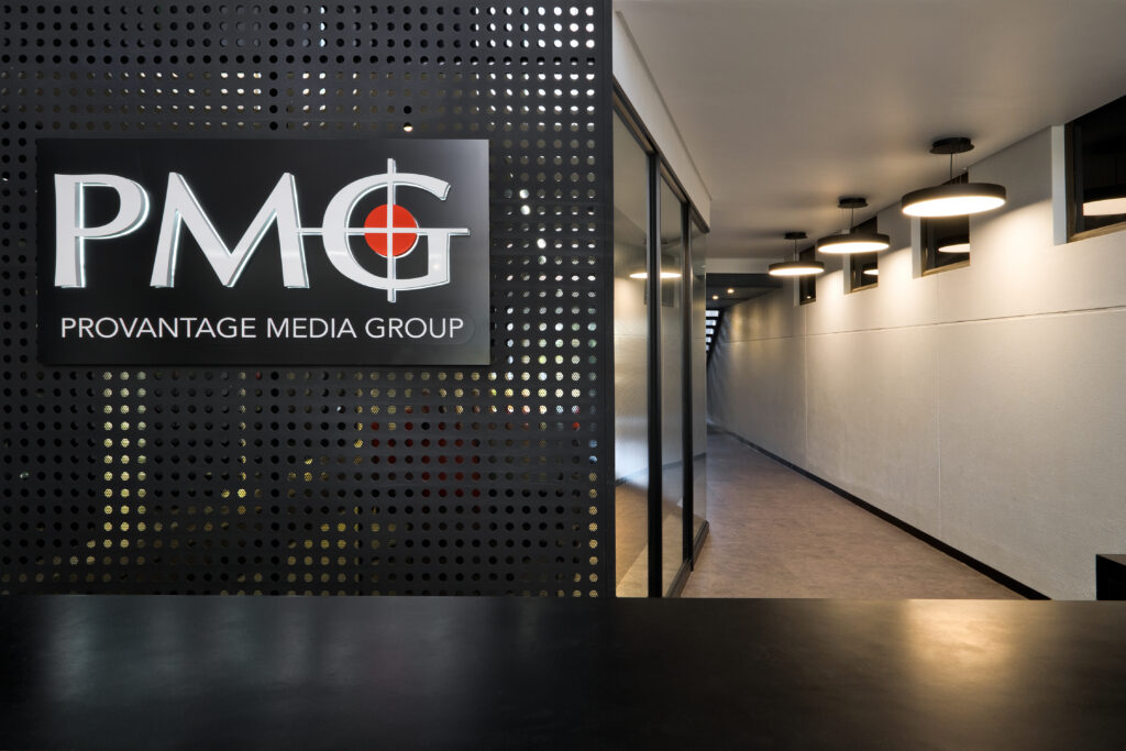Reception area with branded wall for PMG office