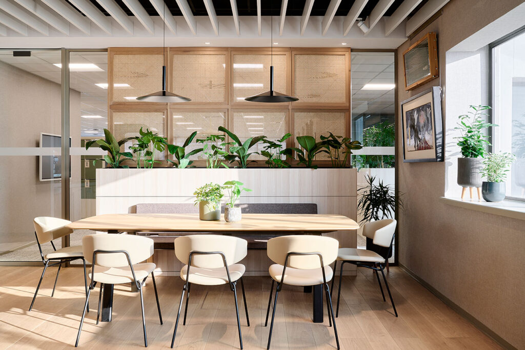 South 32 commercial office modern seating and meeting area design with planters