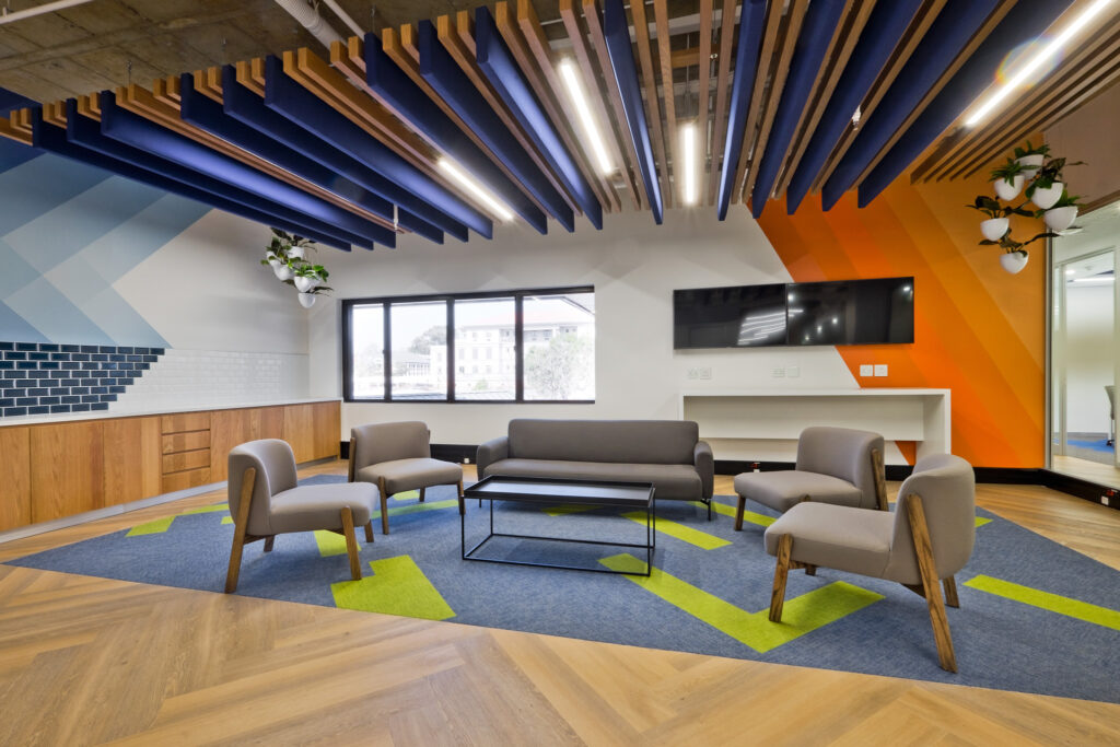 hp commercial office interior design modern furniture seating reception area colourful