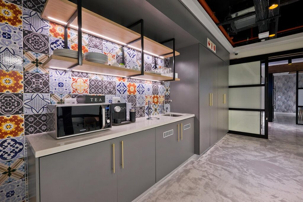 Barclays Bank commercial interiors kitchen fit-out and design with colourful tiles