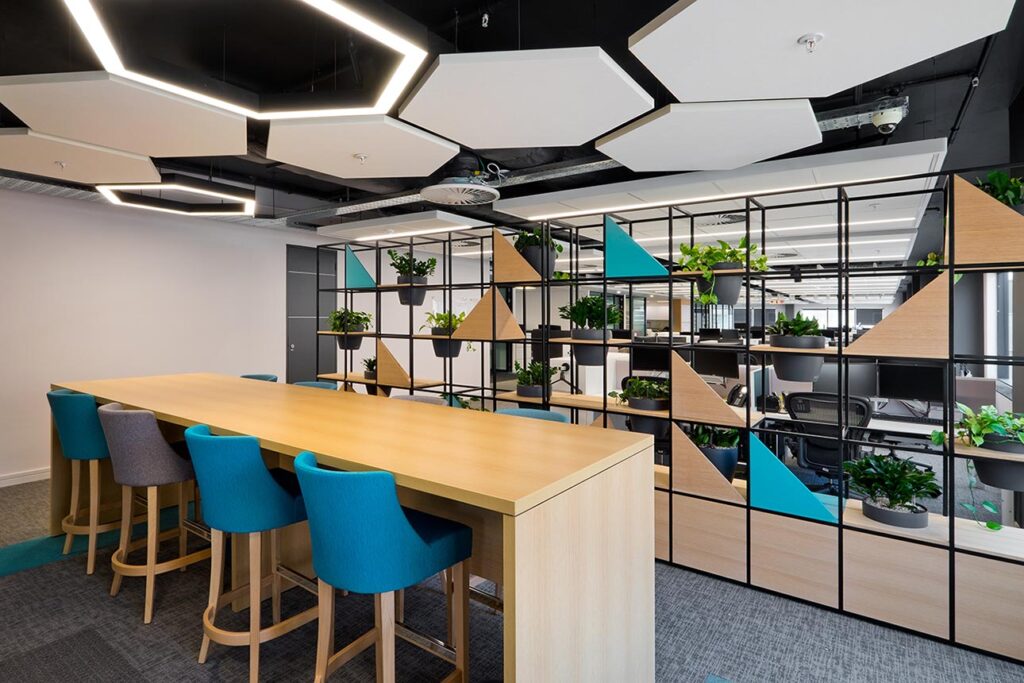 citibank global office interior design with modern bar stools and plants