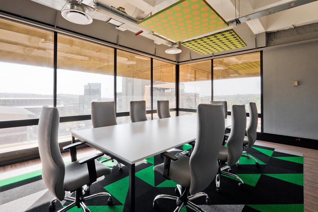 Oxfam commercial office boardroom colorful and modern interior design and decor