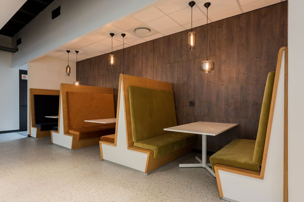 Payfast international office interior design with custom booth seating furniture and tables