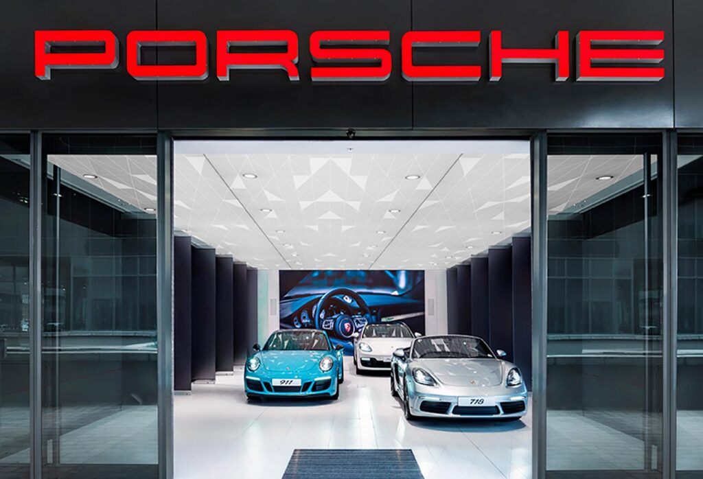 Porsche Car Retail Showroom interior design with high end cars