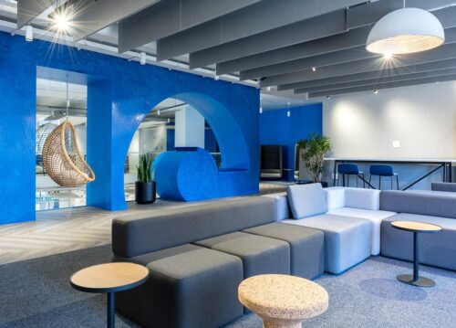 2U commercial office interior design with flexible seating and lounge and swing for employee well-being