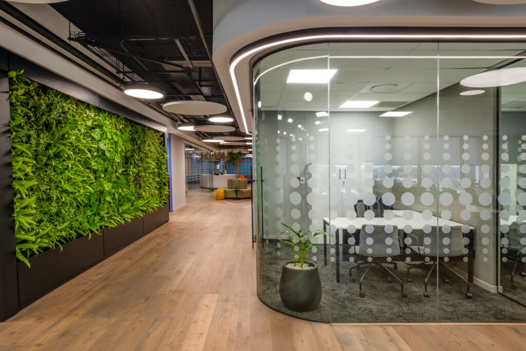 Wipro International Office Interiors with glass meeting area