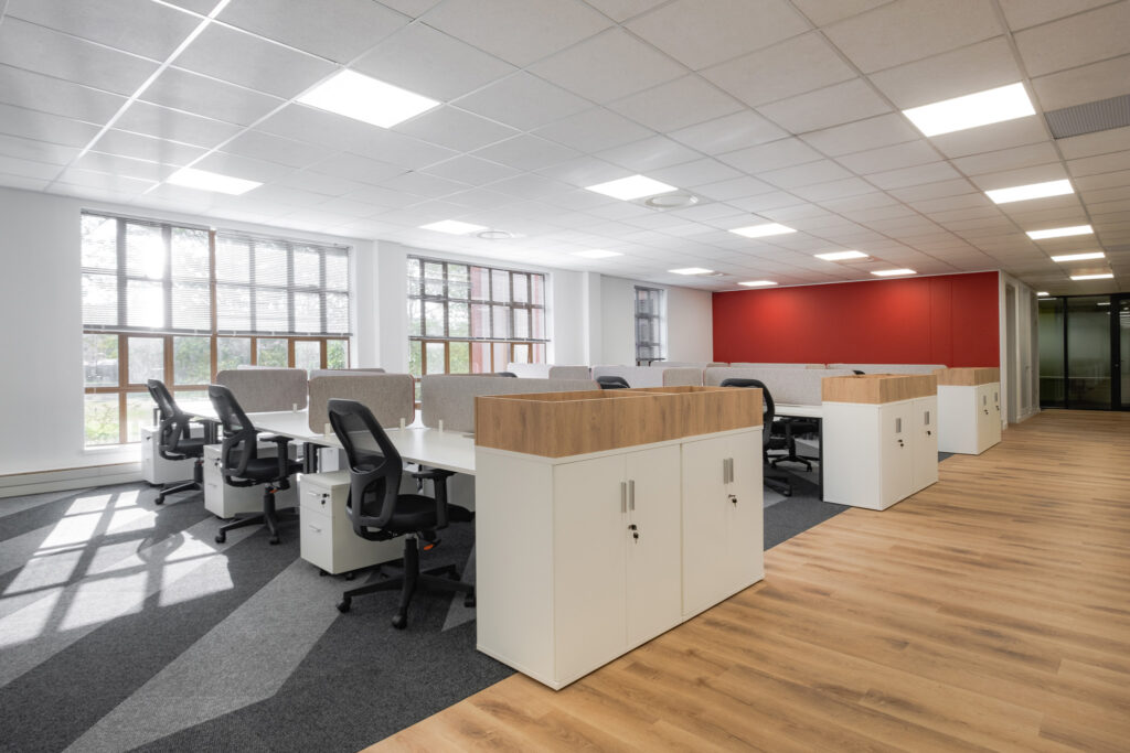 Open plan office workstations with storage units for Automation Client