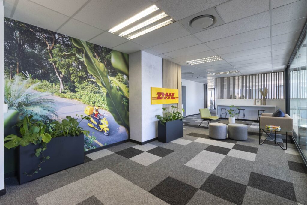 Dhl commercial office contemporary interior design with branding