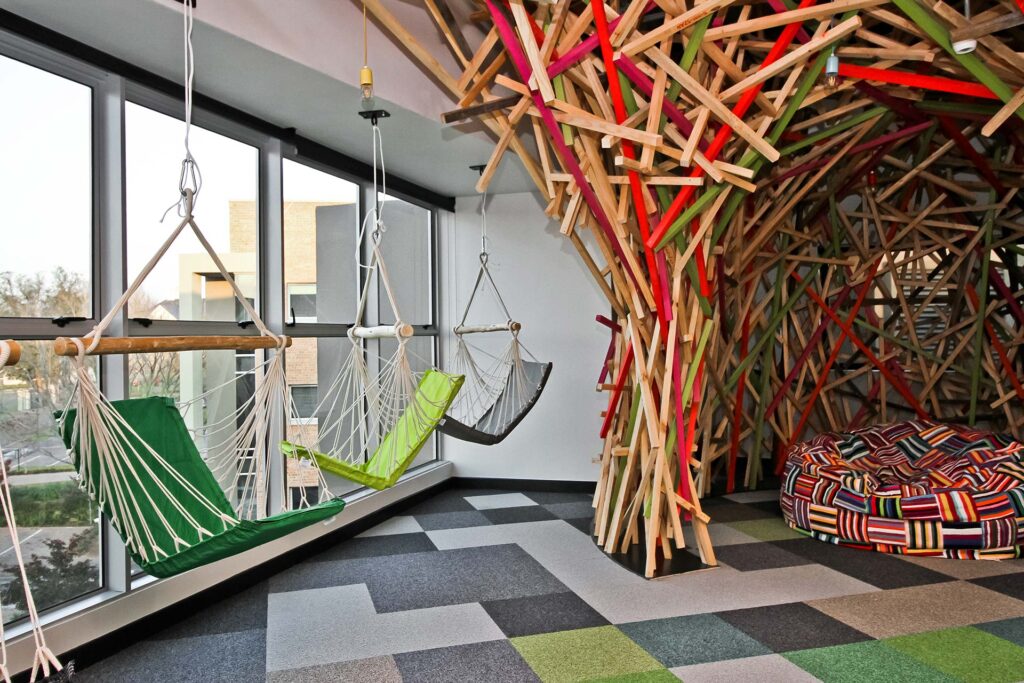 google international office space design with hammocks and fat sacks