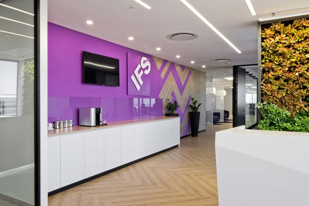 IFS international tech office with branded signage interior design