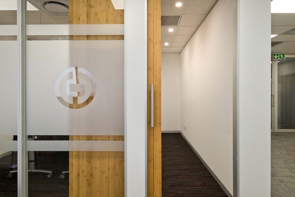 Bank of China office signage on glass door interior design