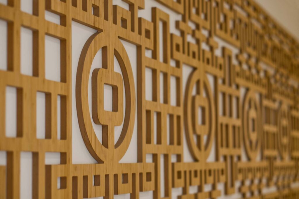 Bank of China branded wall interior design with wooden cladding decor