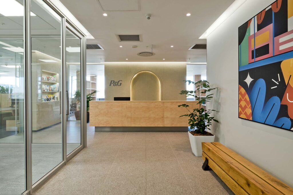 P&G commercial office interiors design reception area and modern art decor