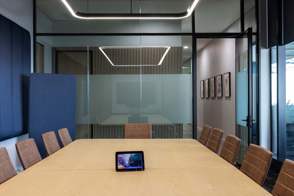 Pinsent Masons commercial offices boardroom with modern lighting and vc technology setup