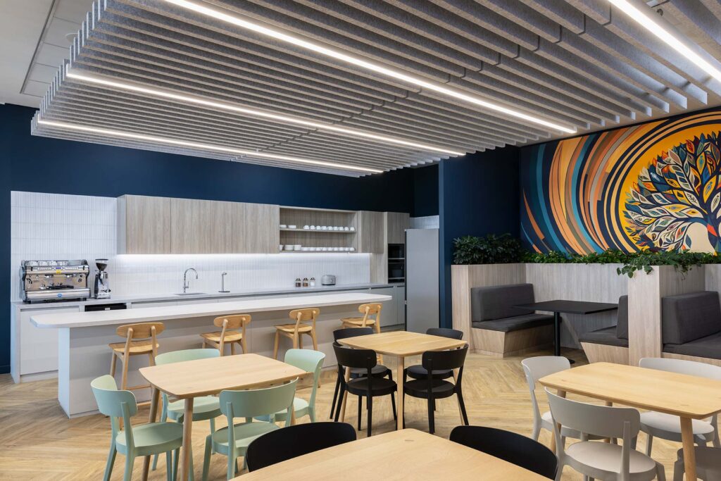 Pinsent Masons modern law office canteen area with flexible seating and furniture design and decor