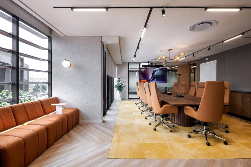 Boardroom for new office buildout with bright colours