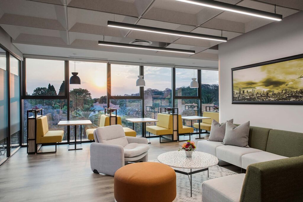 Commercial office design with flexible seating for comfort for employee wellness