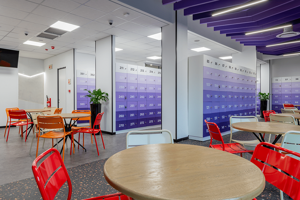 colour zoned lockers and canteen seating