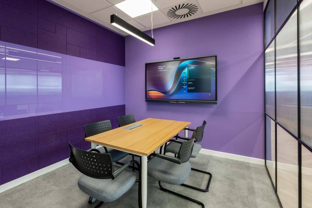 BA Euroflyer Gatwick meeting room with purple acoustic panels and contemporary office furniture